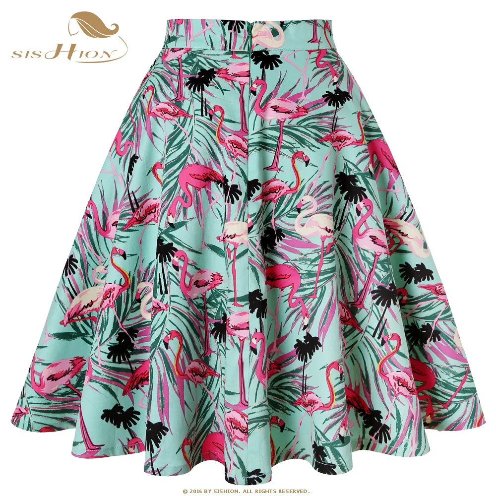 SISHION летние юбки с принтом Фламинго Хлопковые женские школьные трапециевидные юбки до колена с высокой талией зеленые винтажные юбки VD0020