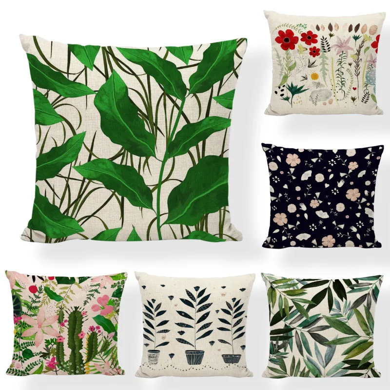 

Plant Flower Linen Cushion Cover Colorful Plant Leaf Parrot Flower Potted Plant Pattern Hug Pillowcase Home Office Pillowcase