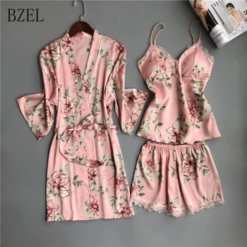 

BZEL Satin Pajamas For Women Floral 3Pieces Sleepwear Female Sexy Lace At All Seasons Silk Pajamas Set Coat+Vest+Shorts Pyjamas