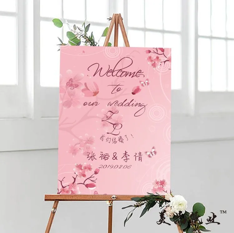 free shipping 1 pcs custom logo picture Wedding Welcome board business party sign Welcome card for wedding pink white yellow red