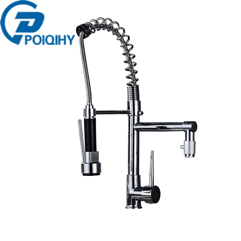 

POIQIHY Chrome Deck Mount Kitchen Faucet 360 Rotation Kichen Mixer Tap Faucet Spring Dual Sprayer Swivel Spout Faucet