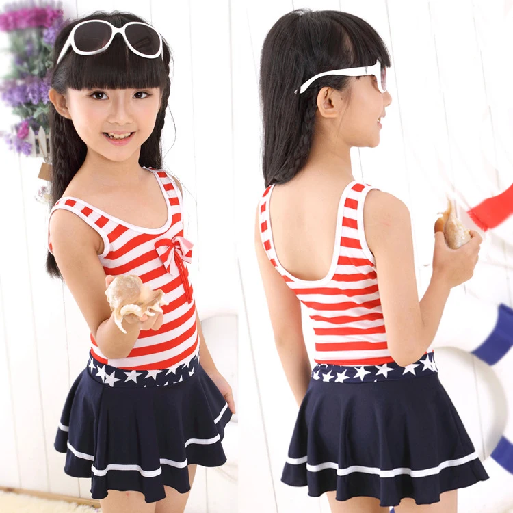 

Children Swimwear Girls Swimsuit One Pieces Swim Skirt Suits Kids Bathing Suits Navy Style Striped Swimsuits For Girls 2-12Years
