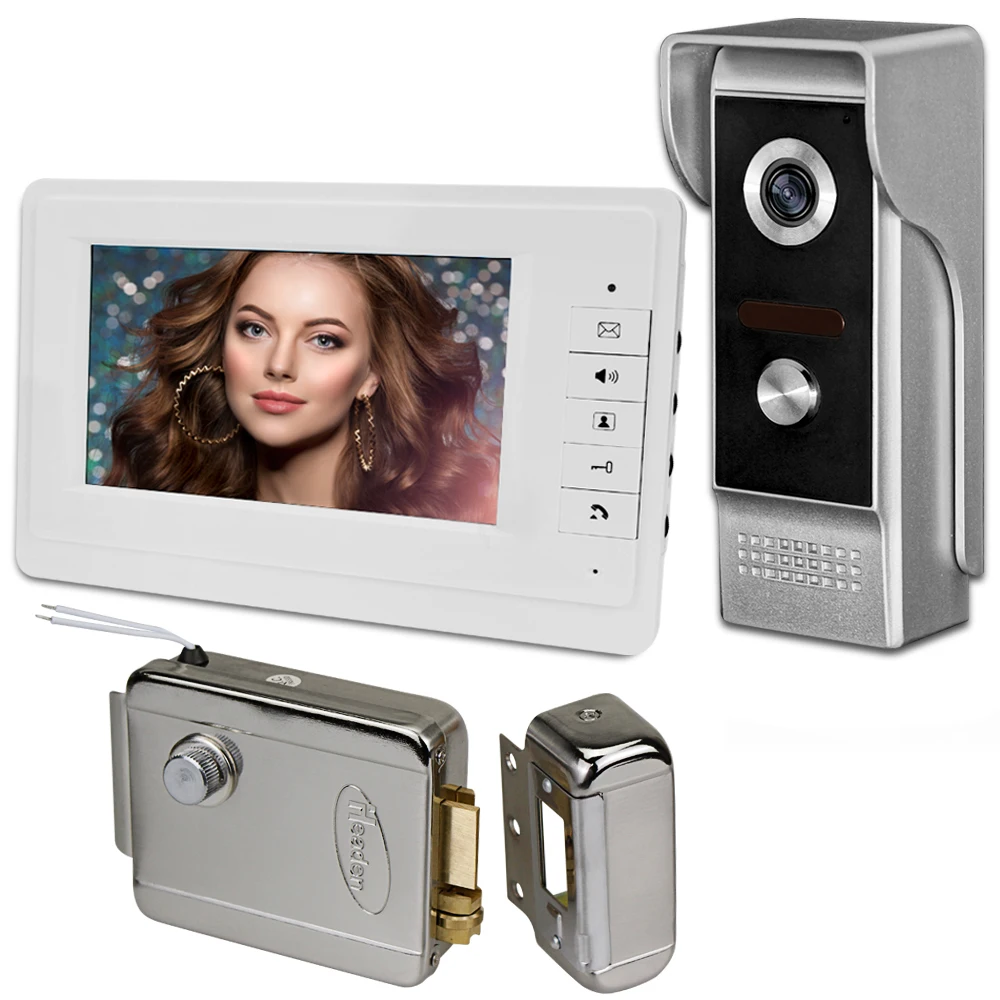 

7'' Wired Color Video Door Phone Intercom System Kit Video Doorbell Camera 700TVL IR CMOS Night Vision + Electric Lock for Home