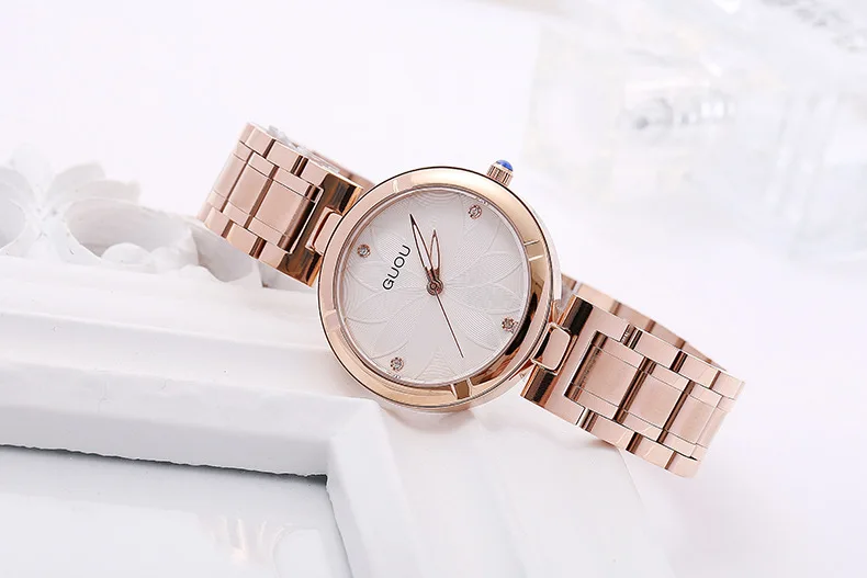 Бренд Guou роскошные женские часы из натуральной кожи или часы из розовой стали простые модные женские часы под платье Подарочное платье