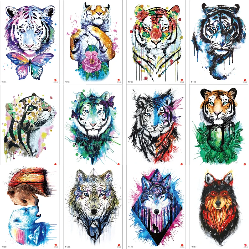 

1Pcs Watercolor Wolf Tiger Temporary Tattoos Waterproof Women Fake Kids Children Hand Tattoos Men Body Art