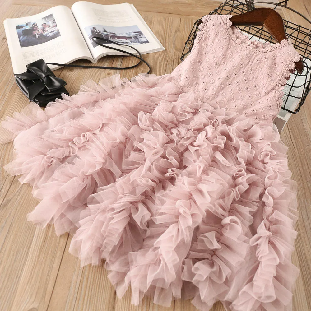

Hurave embroidery Kids o-neck princess Baby Girls Sleeveless Dress Clothes Children Lace tutu Dress Ball gown solid mesh Dress