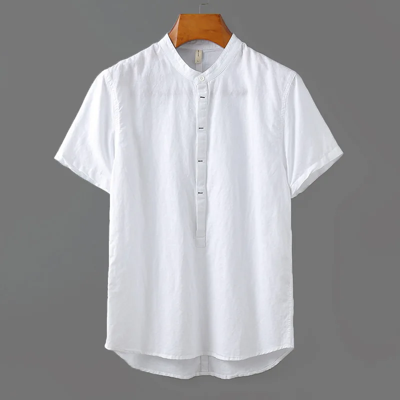 Мужская градиентная льняная рубашка с коротким рукавом, Классическая льняная рубашка с воротником-стойкой, Свободный пуловер, крашеные рубашки, гавайская пляжная рубашка, XXXL - Цвет: Белый