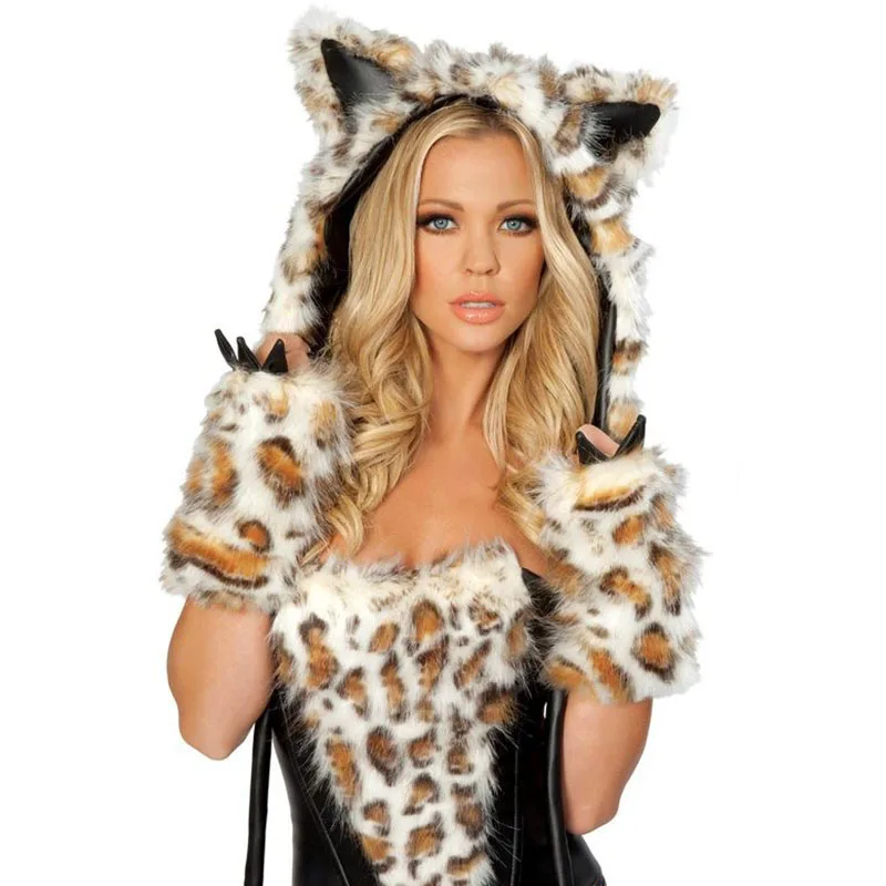 Women Leopard Outfit Fur Costume Party Fancy Halloween Hairy Wolf Hoodie Dress Cosplay Sexy Deluxe Frisky Animal Costume Brown (5)