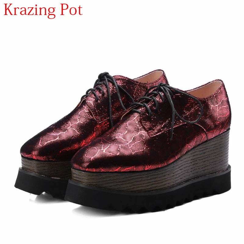 

2018 New Arrival Genuine Leather Casual Shoes Square Toe Platform Women Pumps Large Size Lace Up Wedges Waterproof Shoes L65