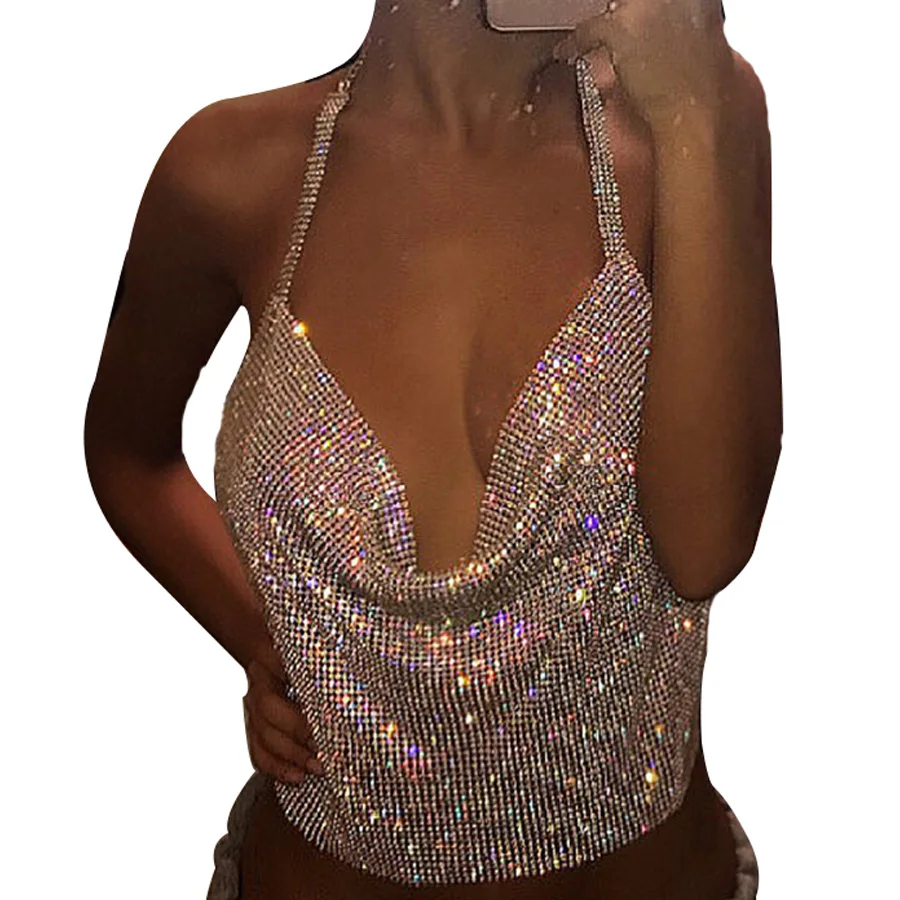 Elegantní kovová tílko Top 2018 letní styl sexy výstřih Bralette Beach Halter Gold Sequined Party Ženy Tílko TP070301