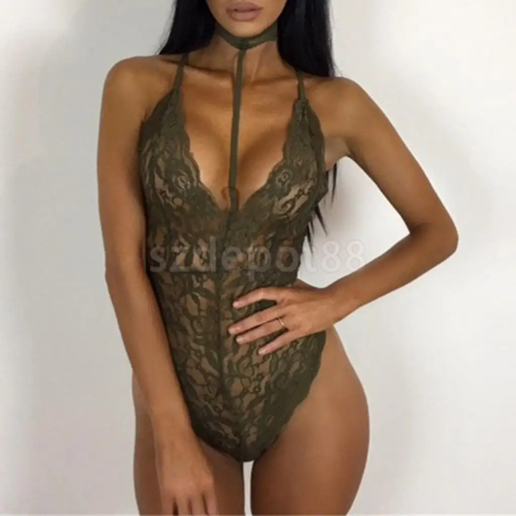 Sexy Women Lace Bodysuit One Piece Choker Teddy Lingerie Babydoll Lace Tops Red/Black