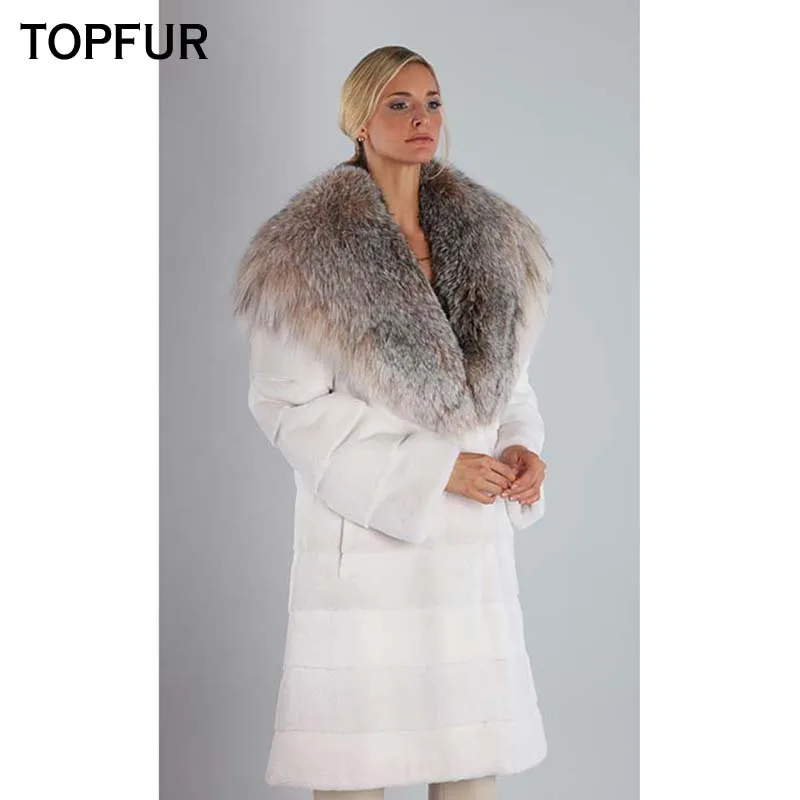 TOPFUR New Natural Real Mink Fur Coat Women 90 CM Long Winter Mink Fur Jacket Luxury White Color Coat With Big Fox Fur Collar TOPFUR New Natural Real Mink Fur Coat Women 90 CM Long Winter Mink Fur Jacket Luxury White Color Coat With Big Fox Fur Collar