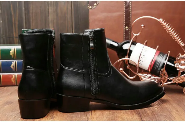 Men's Boots' Round Toe Ankle Boot Slip On Genuine Leather Snow Boots Men Winter Casual Chelsea Boots Black Mens Winter Shoes     (7)