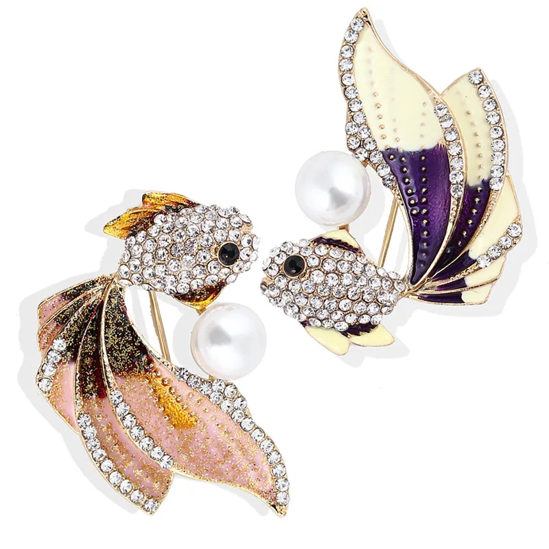 Goldfish Brooches for Women Cute Alloy Pearl Rhinestone Trendy Crystal Enamel Fish Animal Brooch Jewelry