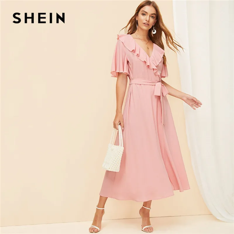 SHEIN Pink Flutter Sleeve Flounce Trim Wrap Split Hem Belted Maxi Dress ...