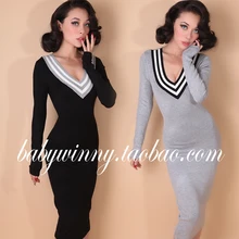 FREE SHIPPING 2015 New Winter Autumn Vintage Thick Knitted Warm Dresses Grey Black Deep V Neck Mid-Calf Solid Thick Vestidos