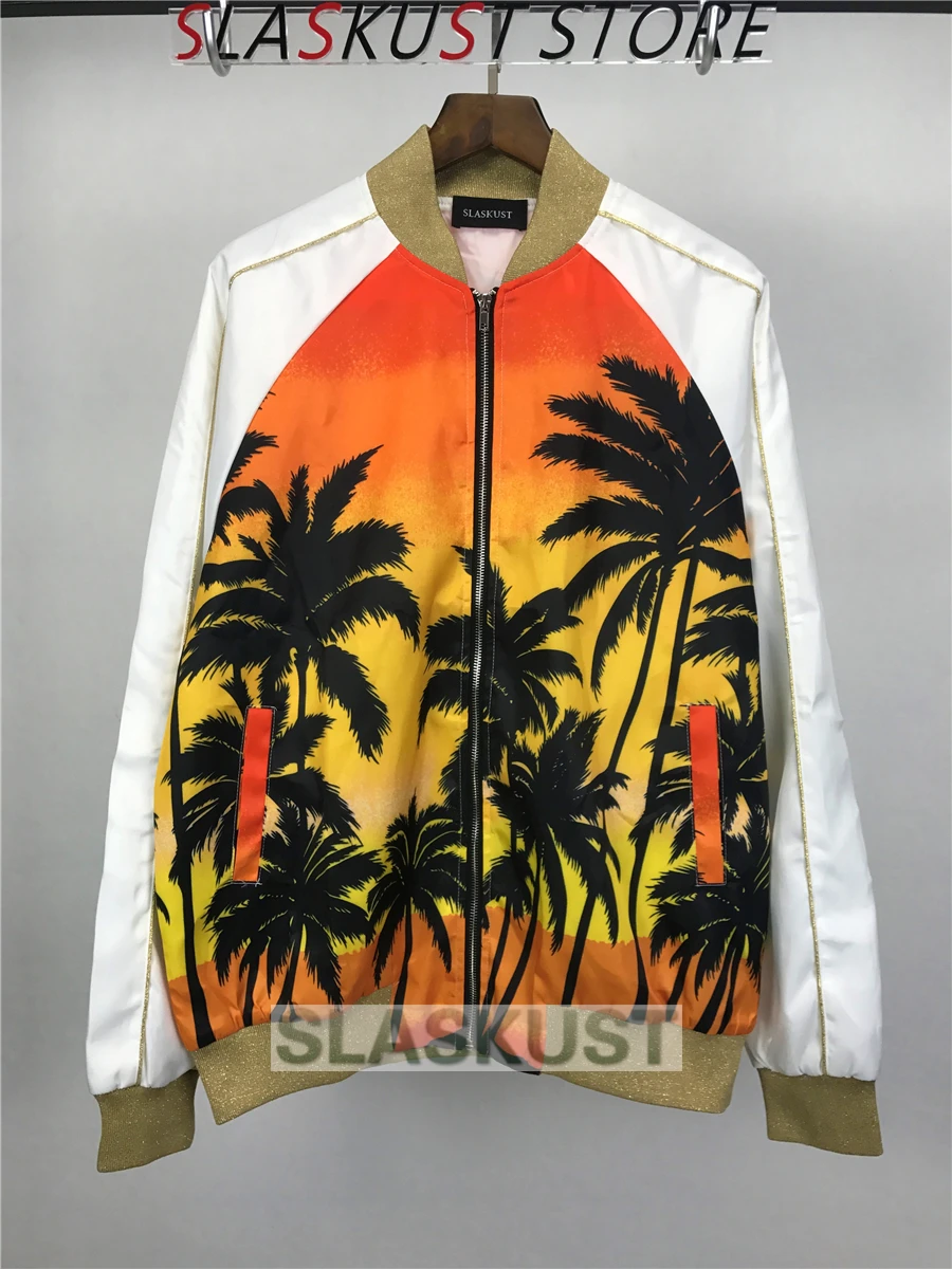 

Coconut Tree Printed Designer Bomber Jacket Kpop Unisex Stand Collar Raglan Varsity Jacket Free Shipping