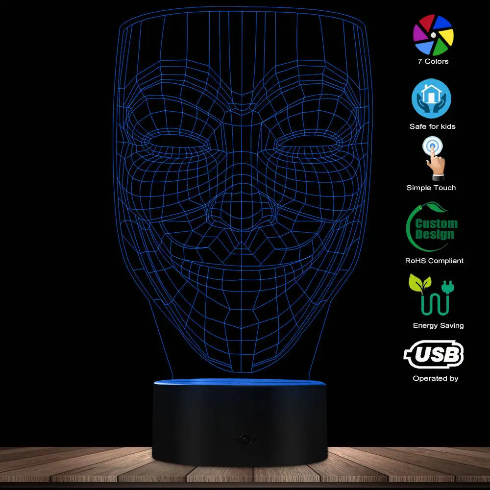 3D эффект анонимный парень Фокс Маска дизайн визуальная лампа V для Вендетта