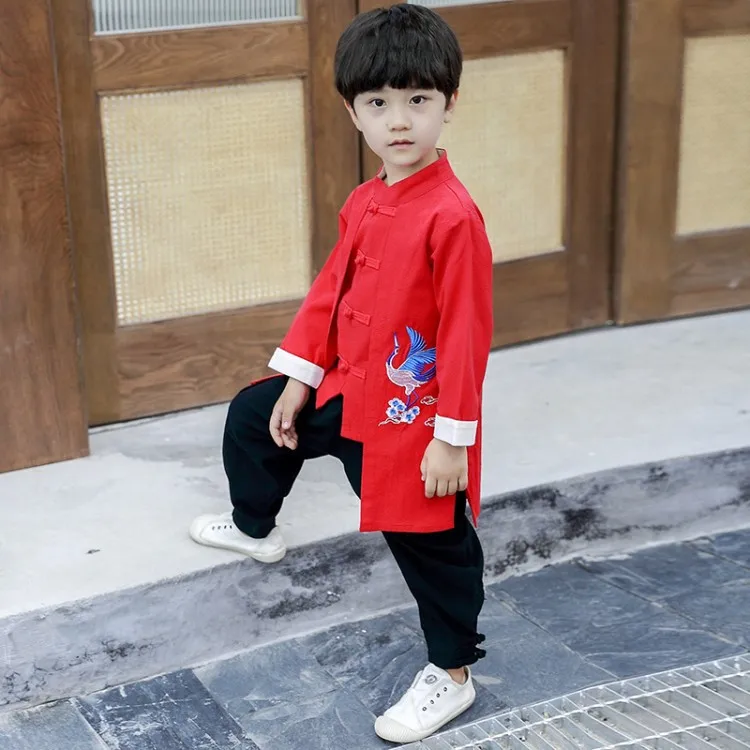 Детский костюм в китайском стиле для мальчиков куртка-пальто с вышивкой и штаны комплект из двух предметов для мальчиков спортивный костюм для мальчиков Детский комплект Hanfu - Цвет: Красный
