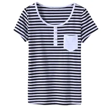 Новое поступление летние Женская Мода Тонкий О Средства ухода за кожей шеи Короткие кнопка карман Полосатый Модальные футболка Топы корректирующие женские элегантные Рубашки для мальчиков Футболки для девочек