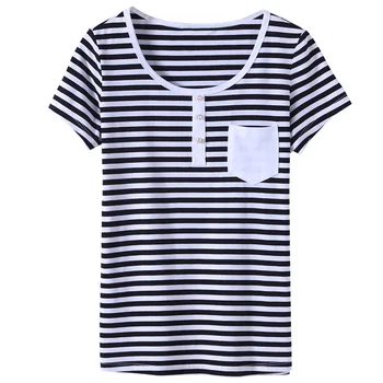 

New Arrival 2020 Summer Women's Fashion Slim O Neck Short Pocket Button Striped Modal T Shirt Tops Female Elegant Shirts Tees