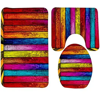 

Modern 3-Piece Set Memory Foam Rainbow Tree Print Bathroom Rug Mat Non-Slip Absorbent Carpet for Toilet Tub Shower/Bathroom