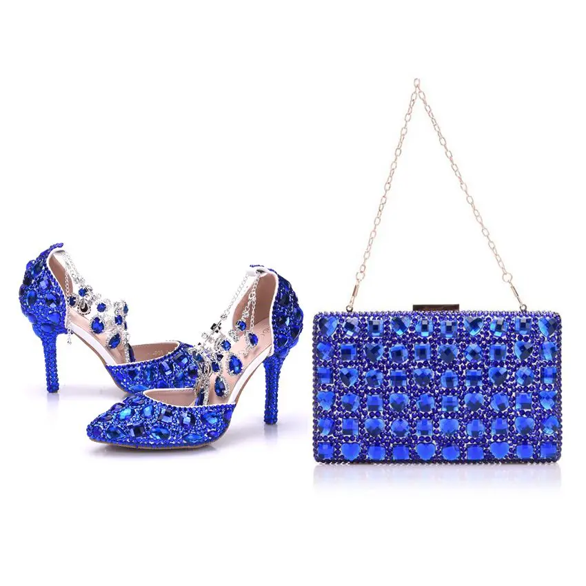 Женские свадебные туфли с сумочкой в комплекте; Королевский голубой кристалл; модельные туфли для невесты; женские босоножки на высоком каблуке