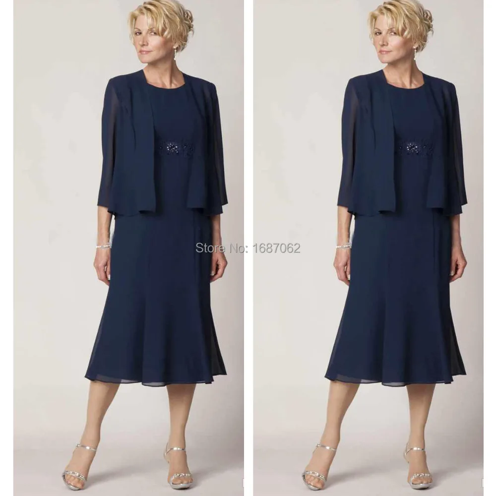 Custom Made Short Mother Of The Bride Dresses Jewel Tea Length with 3/4 sleeve jacket 2015 Navy