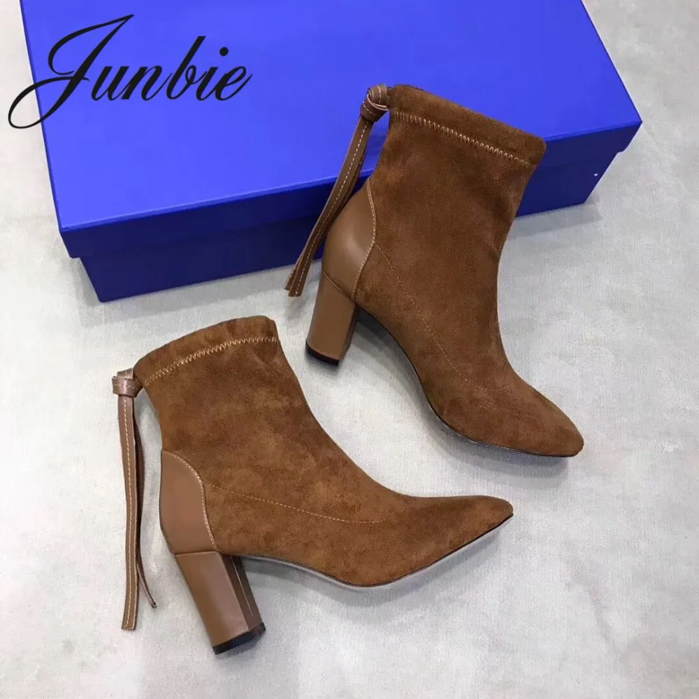 

JUNBIE Genuine Leather Real Pointed Toe Women Boots Slip On Fringe Women Ankle Boots Chunky Heel Boots