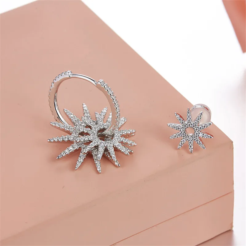 

[MeiBaPJ]Real 925 Sterling Silver Personality Sun Flower Asymmetric Drop Earrings for Women with AAA High Quality Zircon