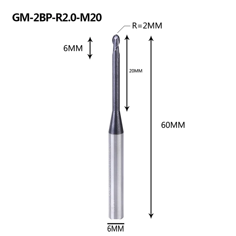 GM-2BP R1.0-R2.5 твердосплавная Концевая фреза 2 флейты с круглым носом и длинной шеей с коротким отрезным краем с покрытием фрезерный станок с ЧПУ режущие инструменты - Длина режущей кромки: GM-2BP-R2.0-M20