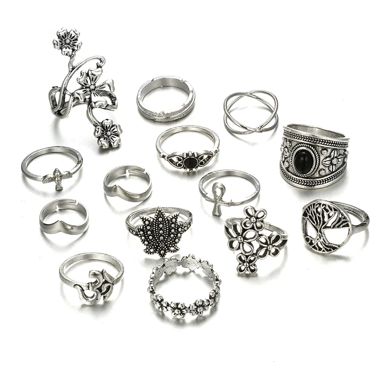 Docona набор колец в богемном стиле из серебра с луковичным цветком и деревом для женщин, геометрическое кольцо на кончик пальца средней длины из сплава, ювелирные изделия в стиле бохо, Anillos 6391
