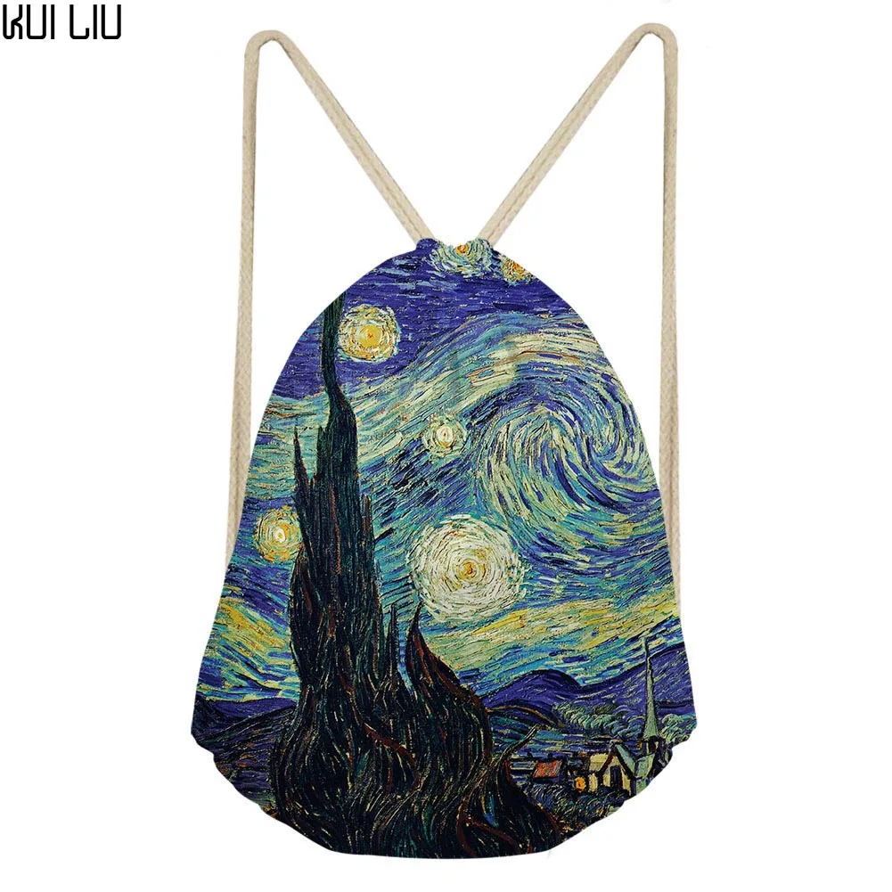 

Vincent van Gogh Starry Night Print Drawstring Bag Men women Strap Package Bags Backpack black String Sack Beach Travel Storage