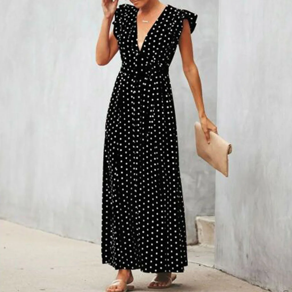 

Fashsiualy Womens Boho Long Dress Elegant Polka Dot Ruffle Sleeveless V-neck Party Evening Sundress 2019 Summer DressVestidos