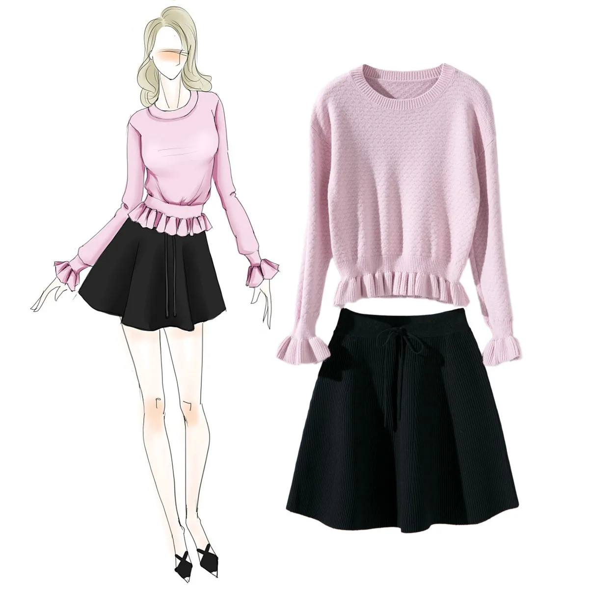 Oreille Chandail Néon Automne See Jupe 7092601 En Hiver Nouveauté D'o Corne Col cou Chart Plein Robe rose Bois Sont Se Manches Rond 2018 Précipités Réel H8vAUnB