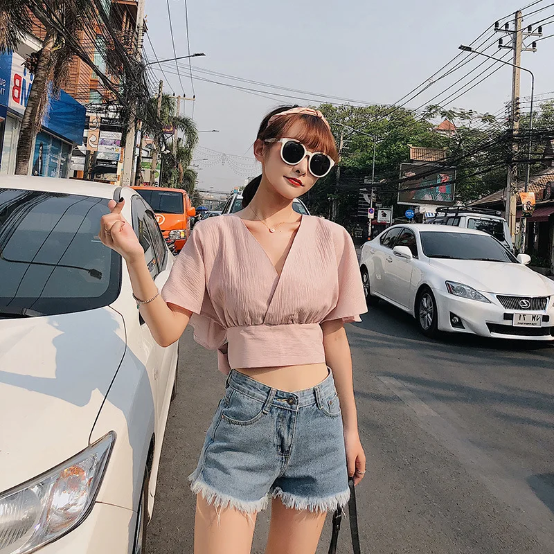 2018 summer women short flare sleeve short top sexy wrap v neck blouse female vacation lace up bow tie crop shirt top
