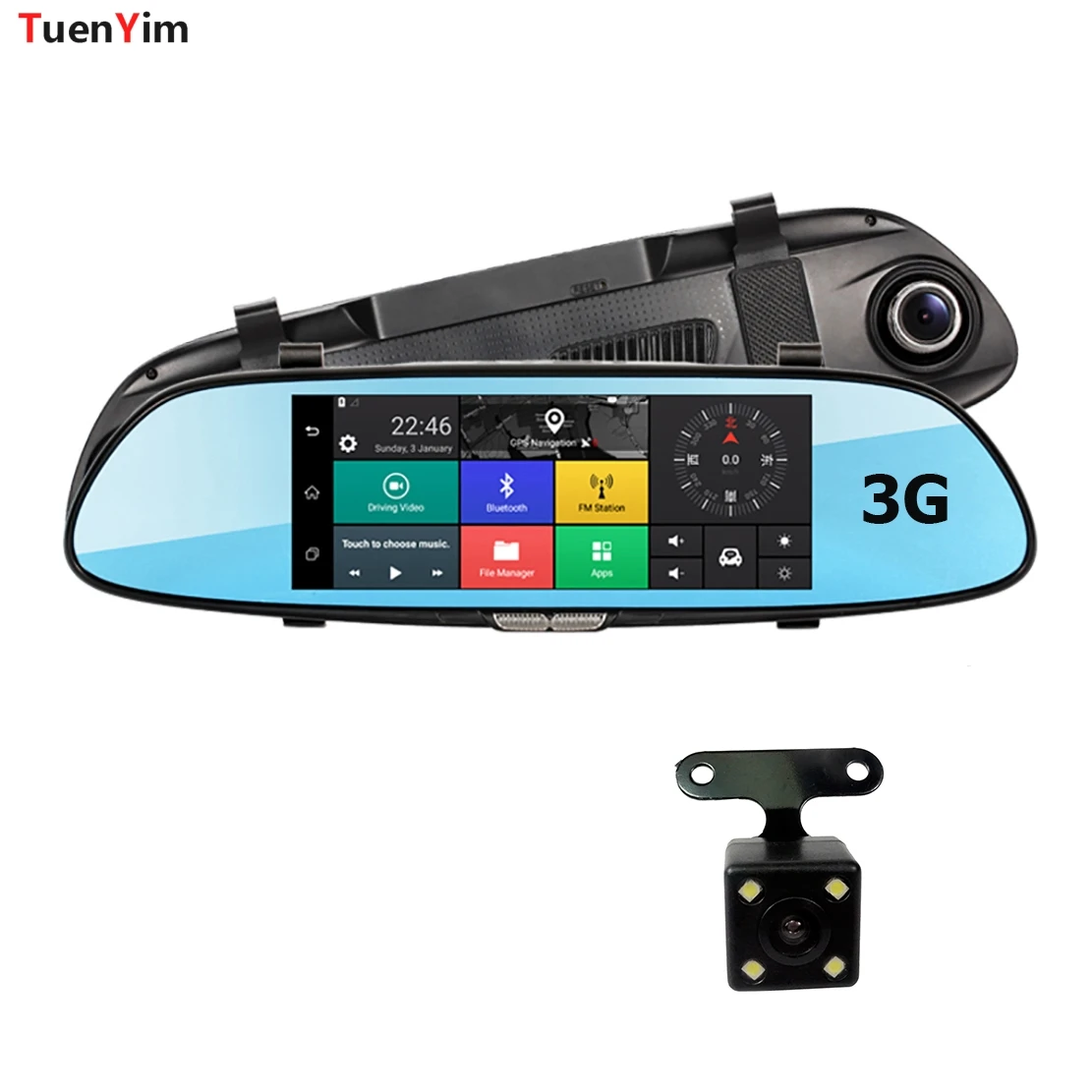 Full HD1080P 3G Car DVR 7Inch Bluetooth GPS FM transmitter Dual lens Rearview Mirror Camera