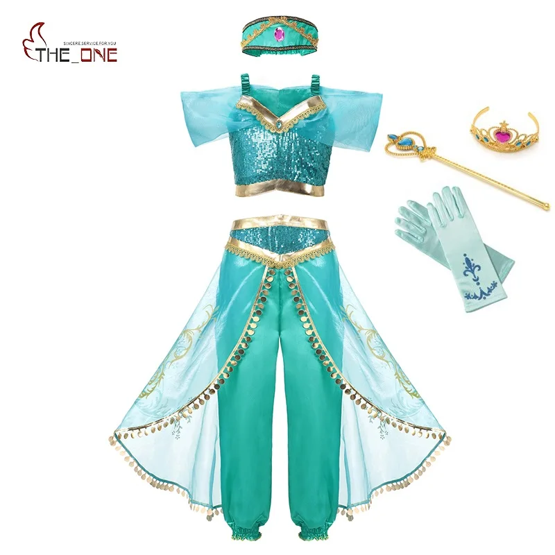 

MUABABY Summer Girl Dress Arabian Jasmine Princess Dress up Costume Children Sleeveless Sequin Cosplay Clothes Kid Party Fantasy