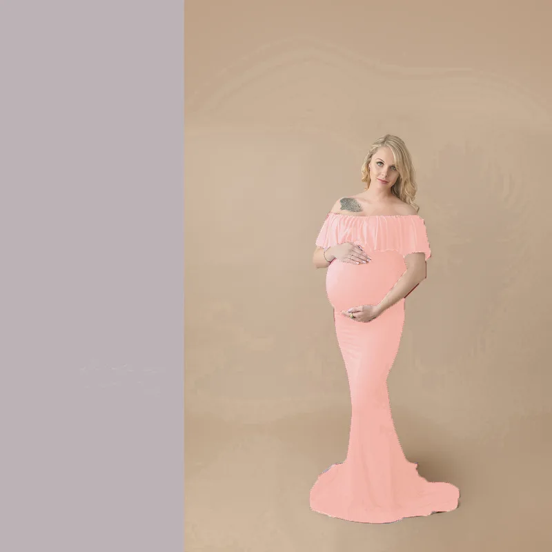 Maternity Dresses for Photo Shoot Women's Mercerized Cotton Pregnant Women Ruffled Collar Trailing Dress Photography Clothing