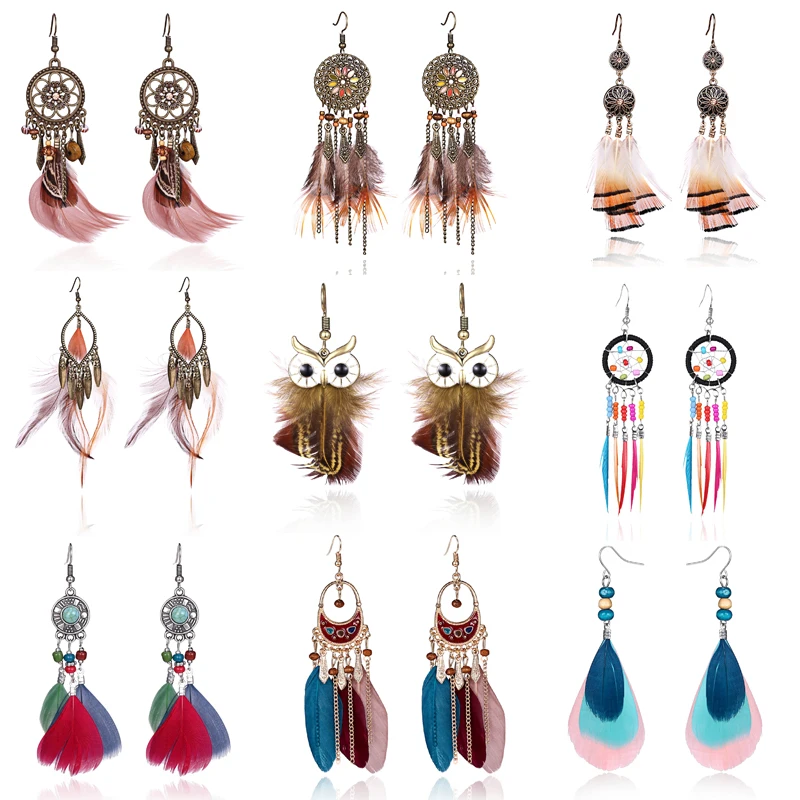 Pendientes largos con borlas para mujer, aretes con hojas de búho y plumas,  bisutería, joyería para boda, joyería para novia|Pendientes con forma de  gota| - AliExpress