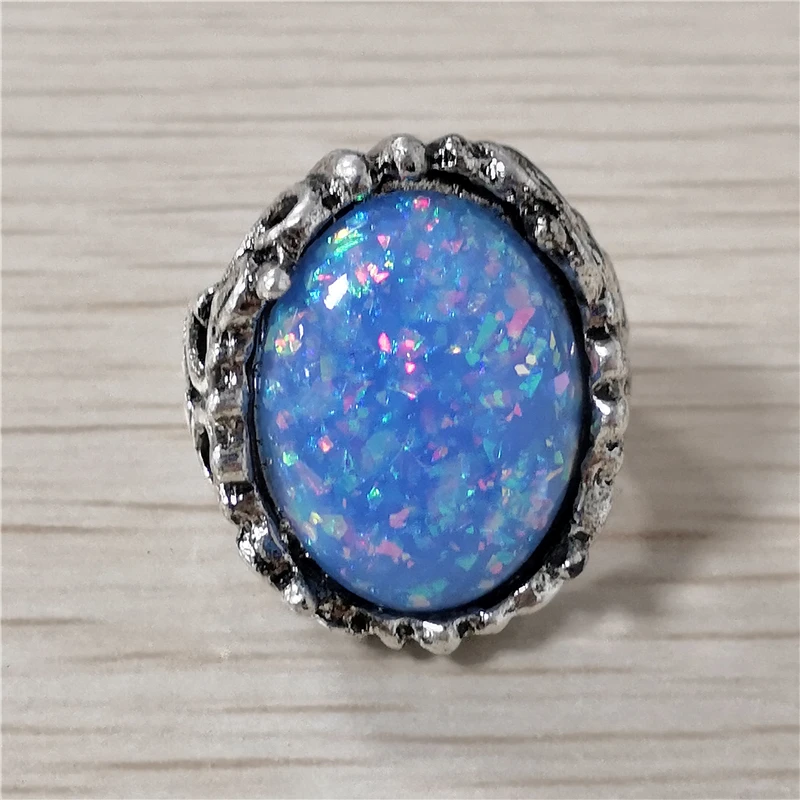 Large Blue Fire Opal Stone Rings for Women Engagement Rings Antique Silver Rings Luxury Jewelry Bague Femme Man Anillos O1/J387