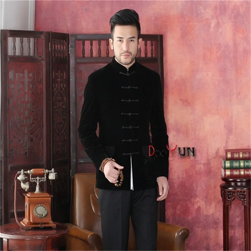 

Spring Autumn New Black Chinese Traditional Men's Jacket Long sleeve Velvet Coat Tang Suit Free Shipping S M L XL XXL XXXL