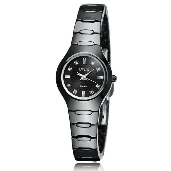 LVYIN керамические парные часы, брендовые роскошные черные часы для влюбленных женщин и мужчин, Relojes Hombre с коробкой, кварцевые часы с календарем - Цвет: Black Silver Woven