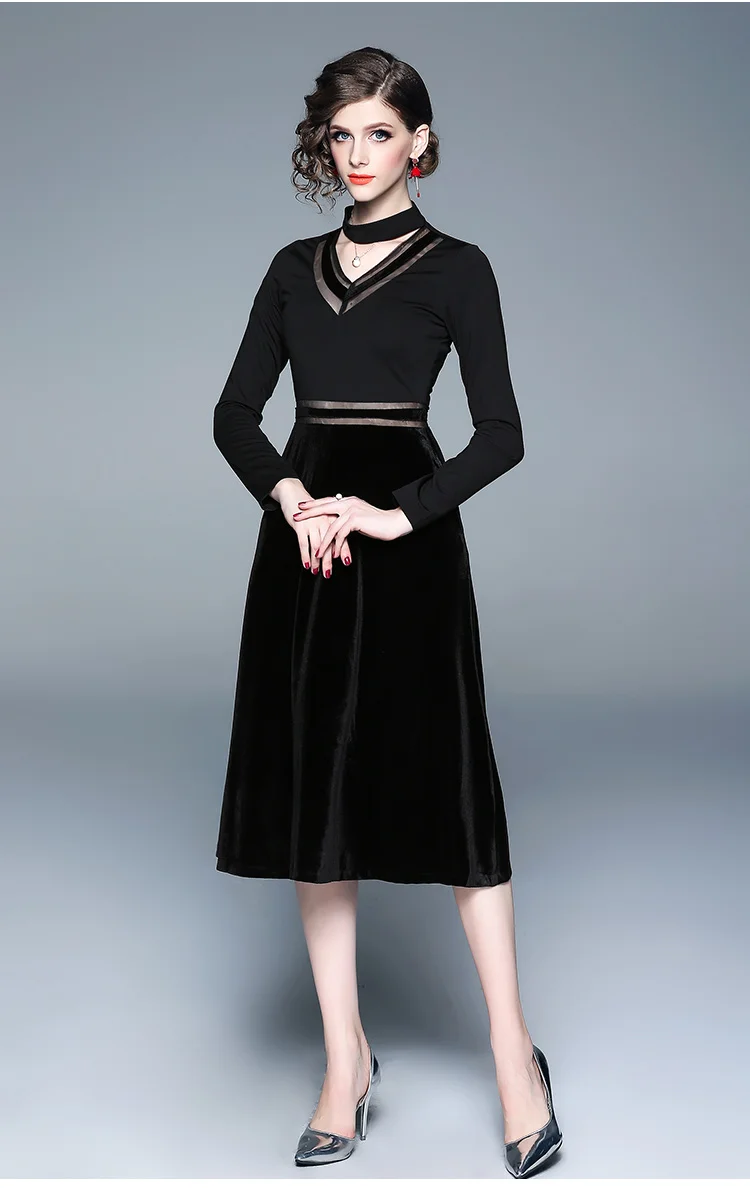 Tang 2019 New Autumn Winter Dress Women Plus Size Velvet mesh Stitching Long Vintage Elegant Robe Elbise Office Casual Dress vestidos (2)
