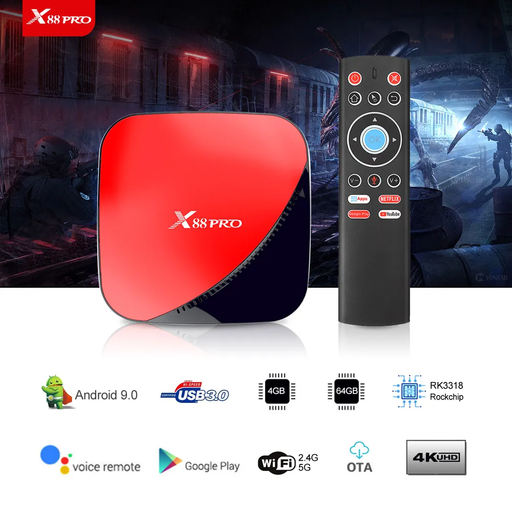  Android TV Box 9.0 X88 PRO Rockchip RK3318 4GB 64GB 2.4G 5G Wifi 1080P H.265 USB3.0 4K Google Play 