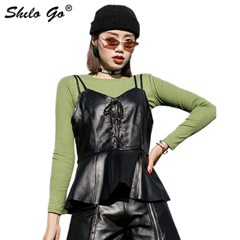 

Sexy Leather Tanks Womens Lace Up Strap V Neck High Waist Sheepskin Genuine Leather A Line Caims Ruffles Slim Female Tops