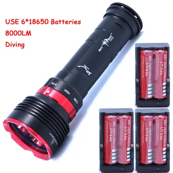 

diving 8000lm underwater flashlight 5 x XM-L L2 LED torch light waterproof brightness Lamp led Lantern +6*batteries+Charger