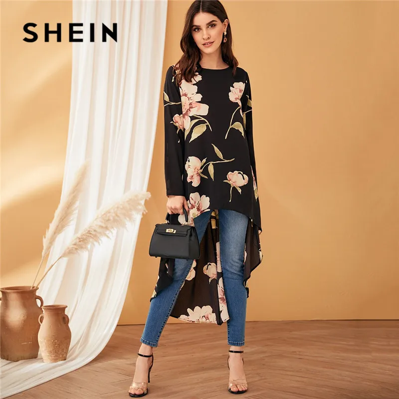 SHEIN, женская блузка с цветочным принтом и высоким низом,, черная, круглый вырез, длинный рукав, весна-лето, блузка, асимметричные женские топы