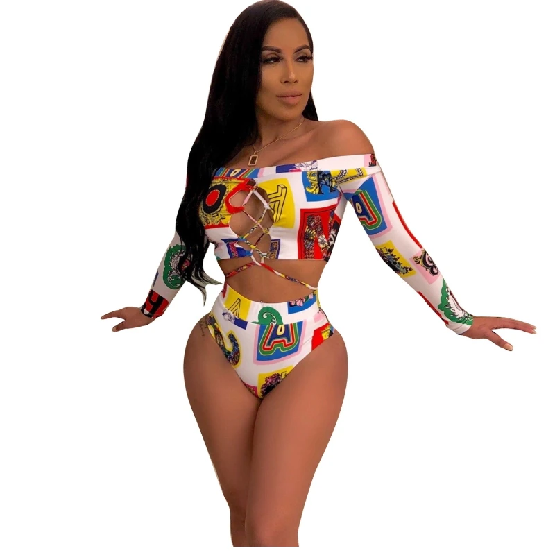 

Summer Cartoon Print Two Piece Set Ribbons Lace Up Front Off Shoulder Crop Top And Shorts Sets Sexy Beach Style Bodycon Bodysuit