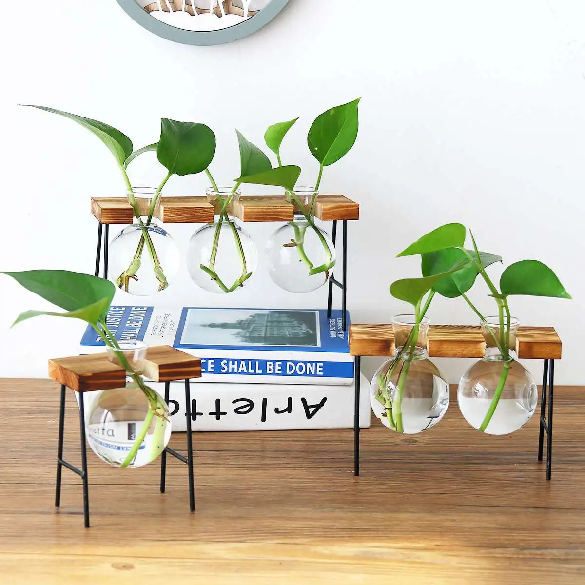  Creative Glass Bottle Vase Hydroponic Plant Transparent Vase Wooden Frame Coffee Shop Room Decor Ta